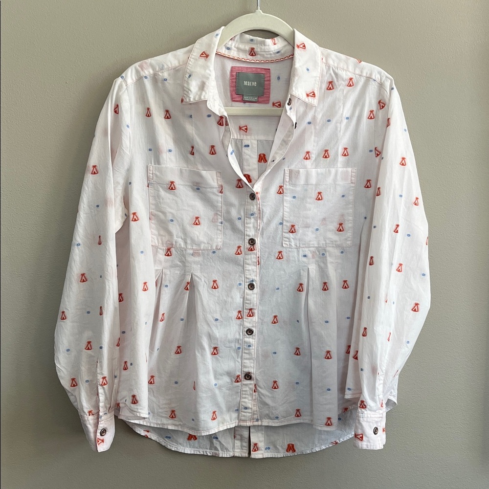 Maeve Miette Teepee top white pleated front button down shirt size medium